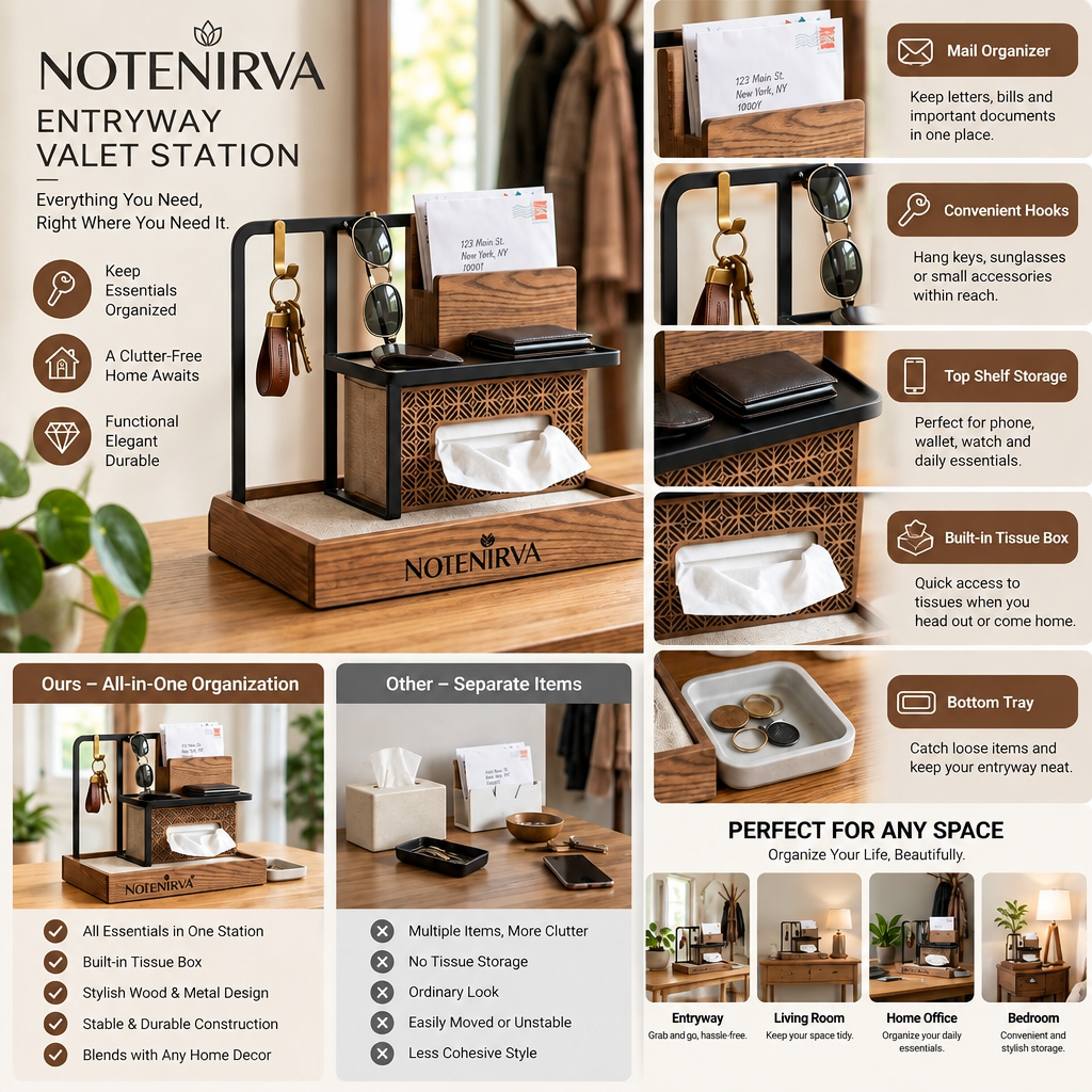 Notenirva Modern Multi-Tier EDC Valet Station – Entryway Mail Holder, Key Rack, Glasses Stand & Tissue Box Cover for Console Table